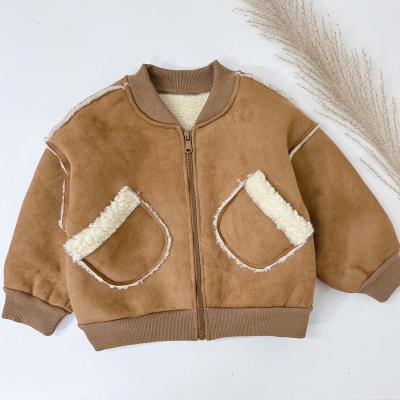 [XẢ KHO] [BeKorea] Áo khoác bomber da lộn lót lông cừu dày dặn ấm áp cho bé trai bé gái - 24A47