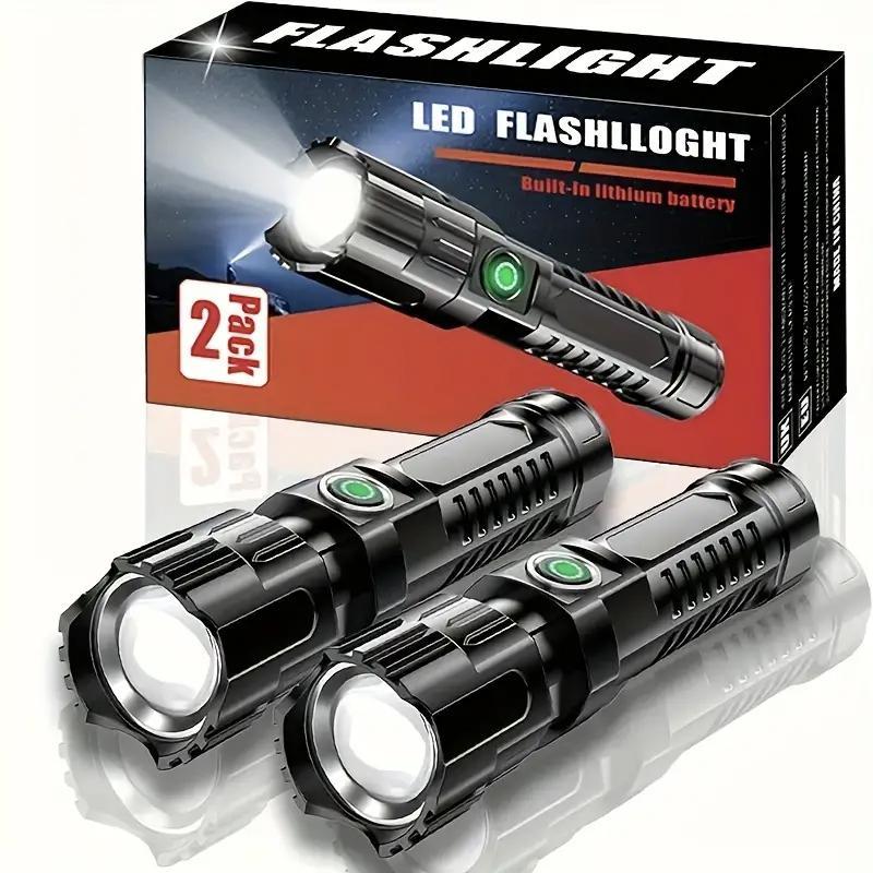 USB Rechargeable LED Flashlight, 2 Counts Portable Zoom Flashlight, Outdoor Strong Light Flashlight for Camping & Hiking, Camping Equipment, Travel Accessories, Camping Gear 0