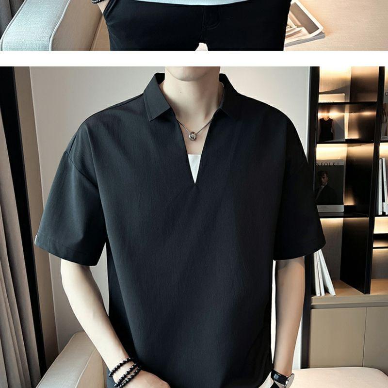 Product Introduction of 2025 Fake Two-Piece V-neck T-shirt Men's Ins Fashion Brand Short Sleeve Polo Shirt Ice Silk Half Sleeve 2023 New Summer Matching Suit 15