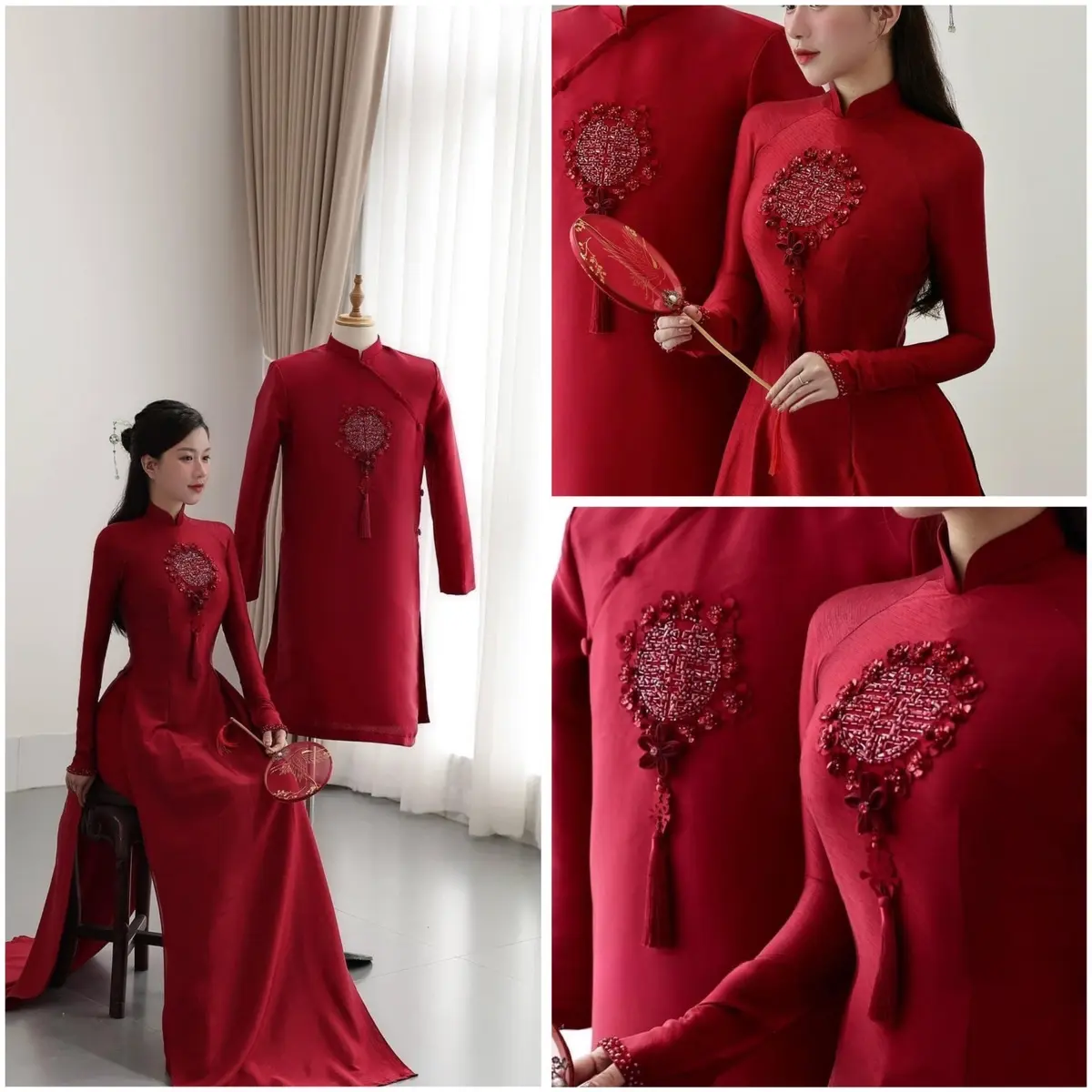 Cặp dâu rể đính kết hoa tròn dành cho các tình yêu - ÁO DÀI CELIA VOAN NỮ CỔ CHỮ V