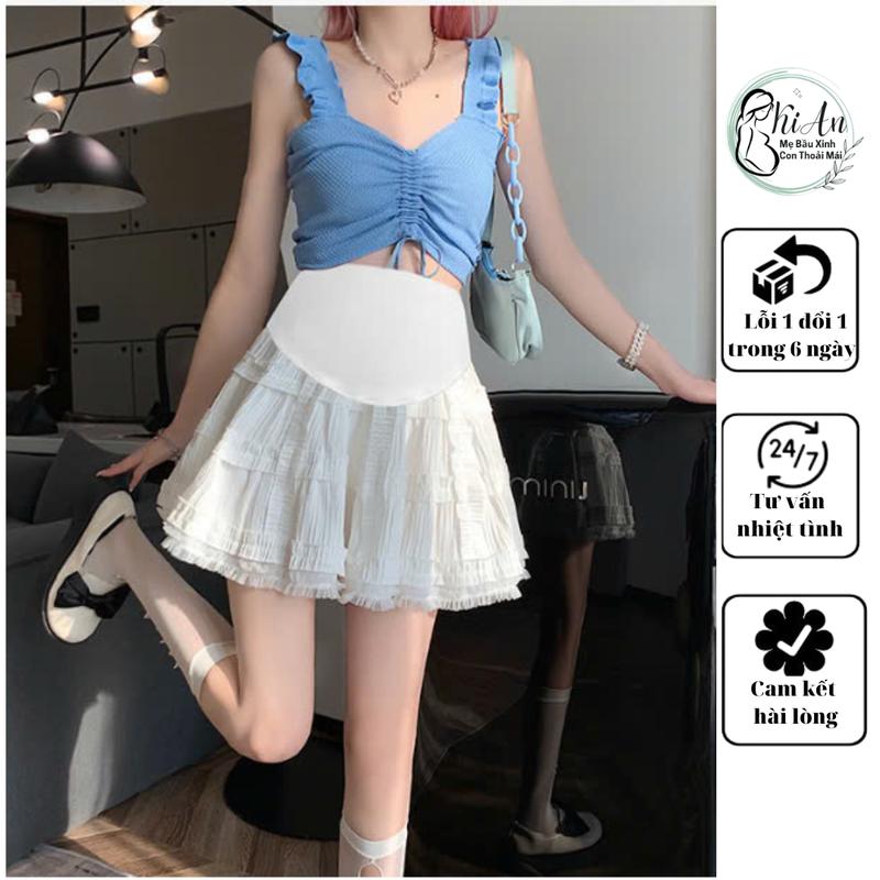 Chân váy Bầu Ngắn Ren Tầng cao cấp KiAn sang chảnh, chân váy bầu xòe viền ren phong cách hàn quốc, chân váy có lót trong