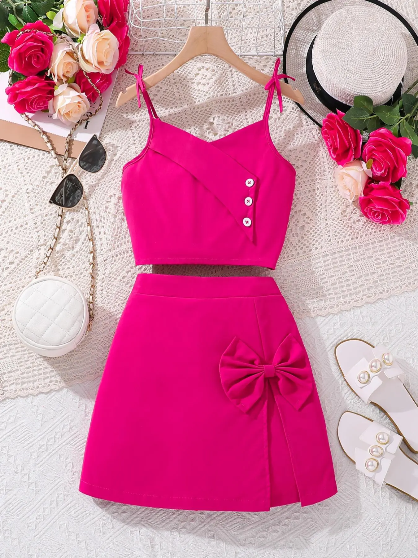 Girl's Solid Button Cami Top & Bow Decor Skort Two-piece Set, Elegant Fashion Casual Two Piece Outfits for Daily Outdoor Wear, Kids Clothing for Summer