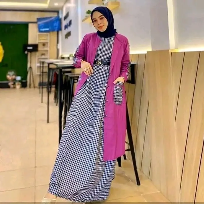 Baju Gamis Wanita Muslimah Ahza Set Linen Rami Mix Katun Kotak Kotak Dress Set Outer Kardigan Busui Kancing 2