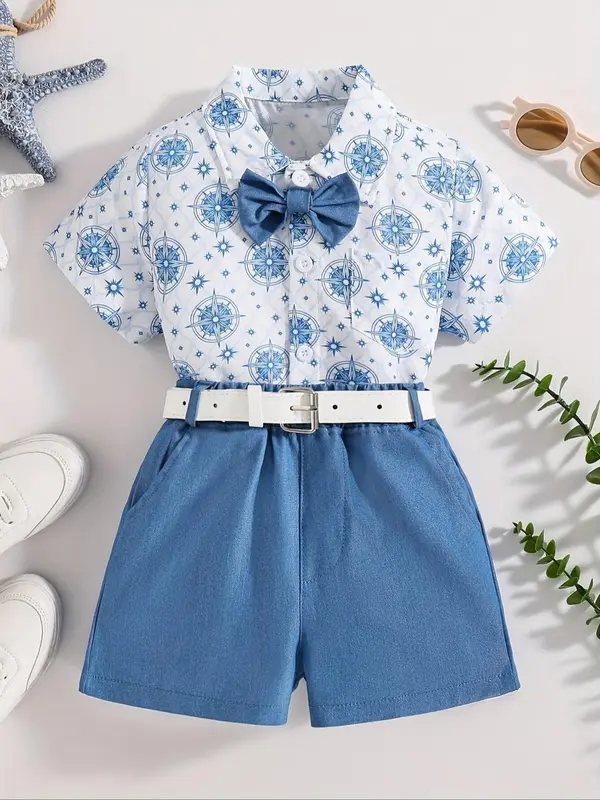 Toddler Boy's Geometric Print Short Sleeve Shirt & Bow Tie & Belt & Shorts Four-Piece Set, Casual Summer Clothes for Kids 0