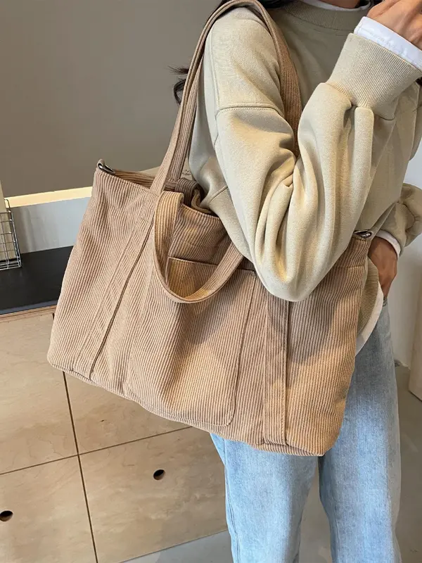 Women's Solid Color Corduroy Crossbody Bag, Fashionable Large Capacity Shoulder Bag for Daily Commute, Casual Trendy Versatile High-quality Daily Commuting Bag 6