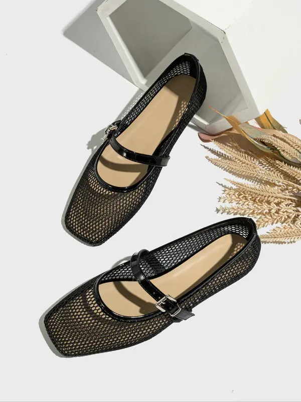 Women's Fashionable Solid Color Hollow Out Design Black Flats Shoes, Flats Sandals, Casual Comfortable Square Toe Ballerina Soft Sole Walking Shoes for Summer, Lightweight Breathable Shoes for Daily, Girl, Ballet Flats, Footwear 0