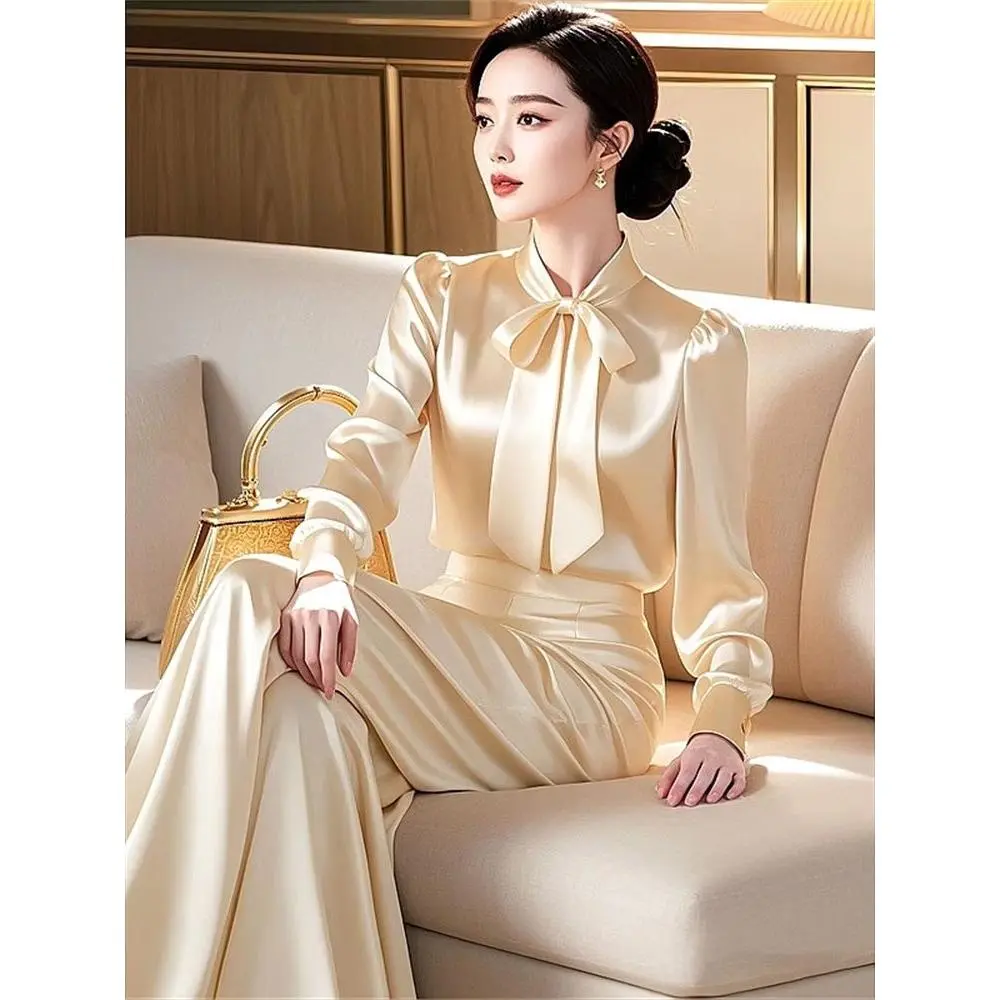 Bộ Đồ Hai Mảnh, Áo Sơ Mi Sành Điệu, Quần Ống Rộng, Phong Cách Chuyên Nghiệp
