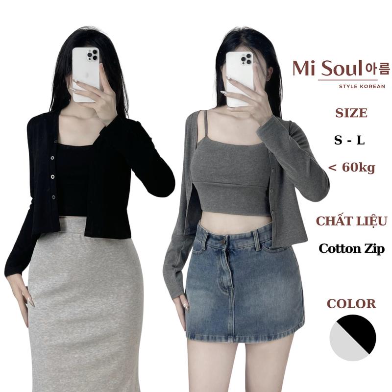 Set Cardigan Mix Áo 2 Dây Có Đệm Chất Cotton Zip Thiết Kế Đai Eo MiSoul, Set 2 Món BigSize 340 Nữ Women
