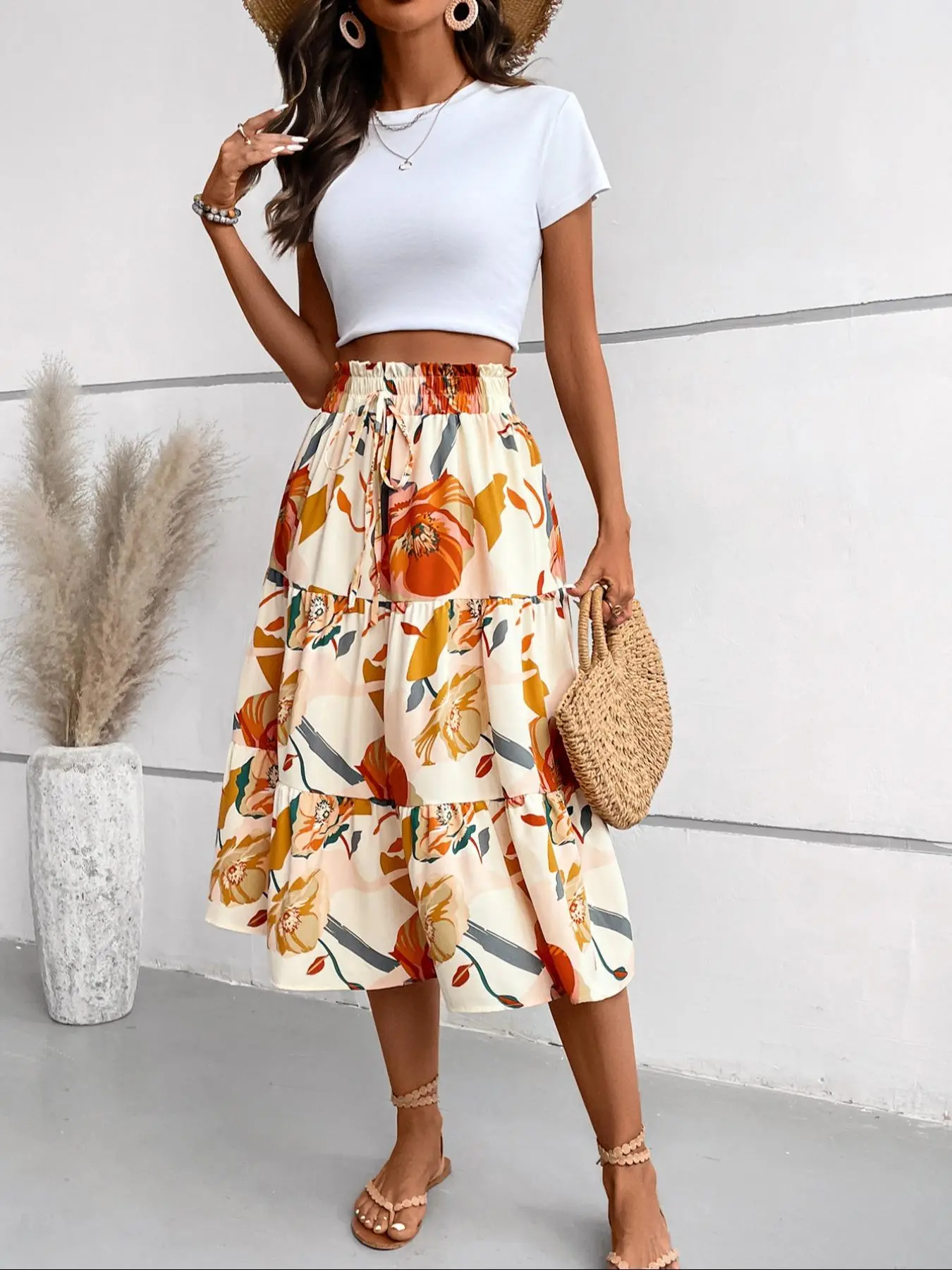 Women's Floral Print Drawstring Waist Shirred Skirt, Casual Ruffle Hem Midi Skirt for Fall & Winter, Women's Bottoms for Daily Wear