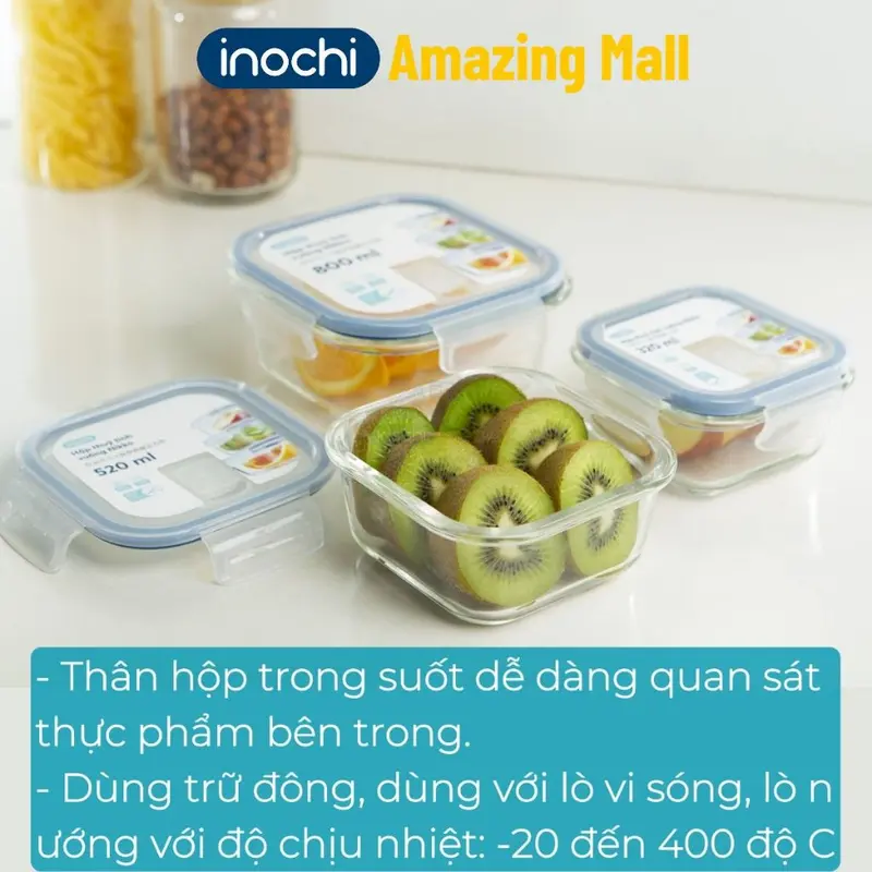 Hộp thủy tinh chịu nhiệt Nikko Inochi nắp trắng có lổ thoát hơi khóa 4 chấu chắc chắn Inochi Amazing Mall 2