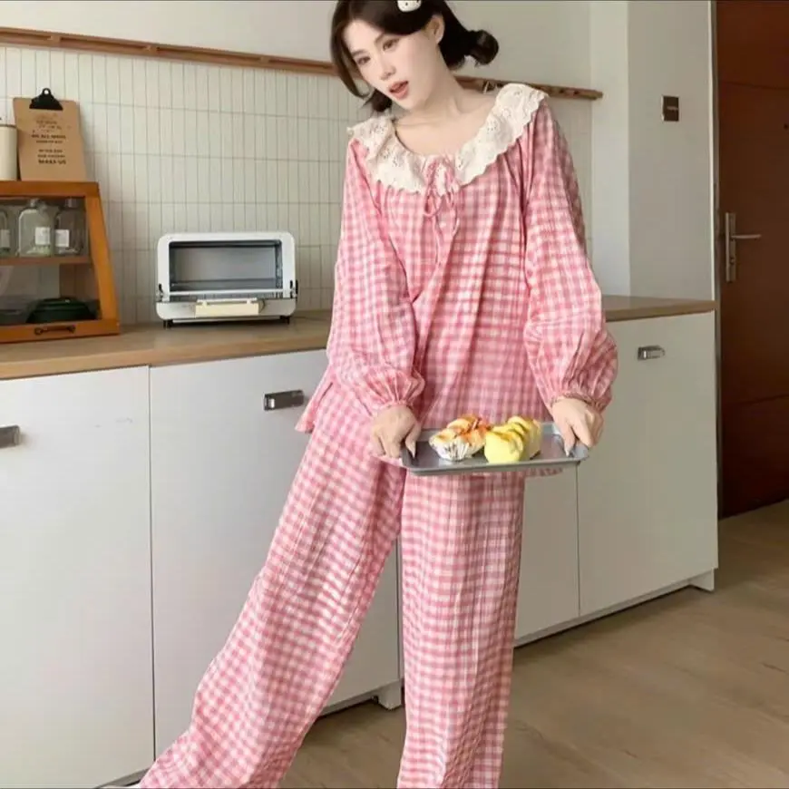 Bộ Đồ Ngủ Kẻ Caro Thắt Nơ Cổ Bèo Ren Xinh Xắn Nhà HANI Thiết Kế Đáng Yêu Chất Mềm Mịn Mát HK04