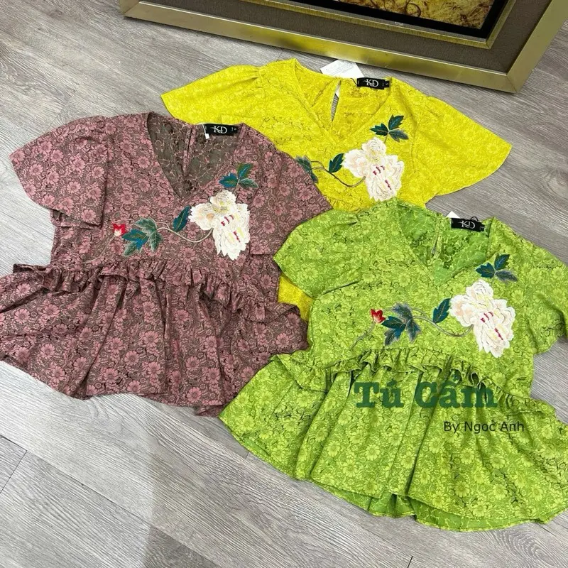 Set Áo lụa cộc tay thêu hoa, vải vân hoa cao cấp ko nhăn, thoáng mát
