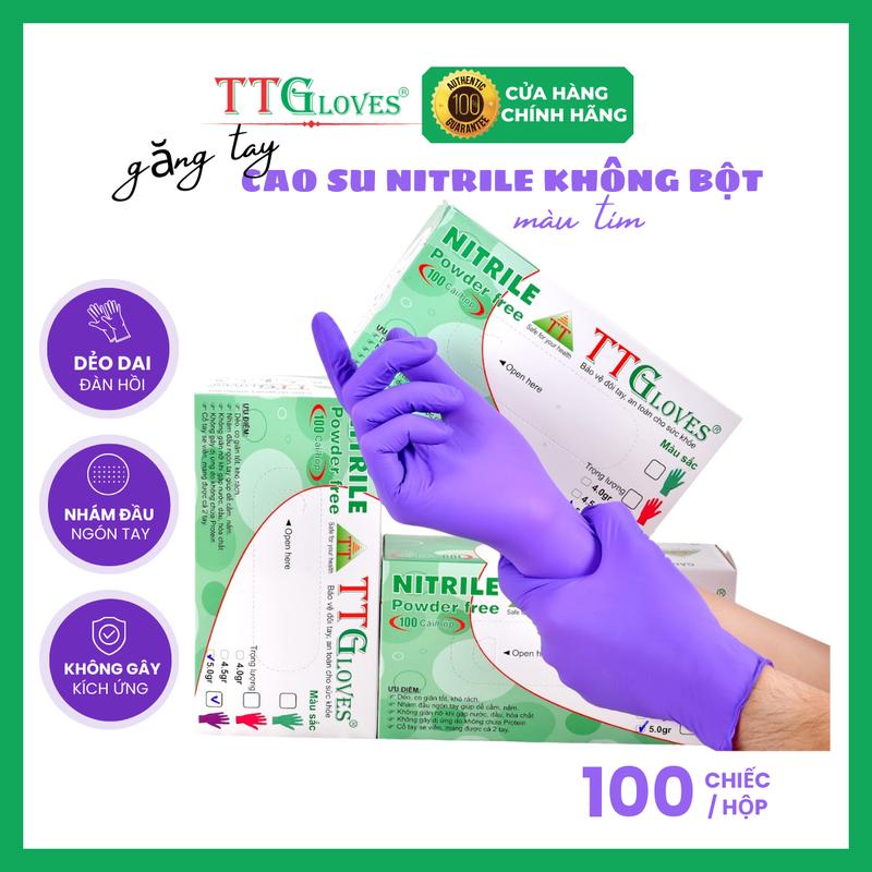 Găng Tay Cao Su, Bao Tay Cao Su Không Bột Nitrile TTGLOVES Siêu Dai Màu Tím Chống Nước Hóa Chất 100 Chiếc