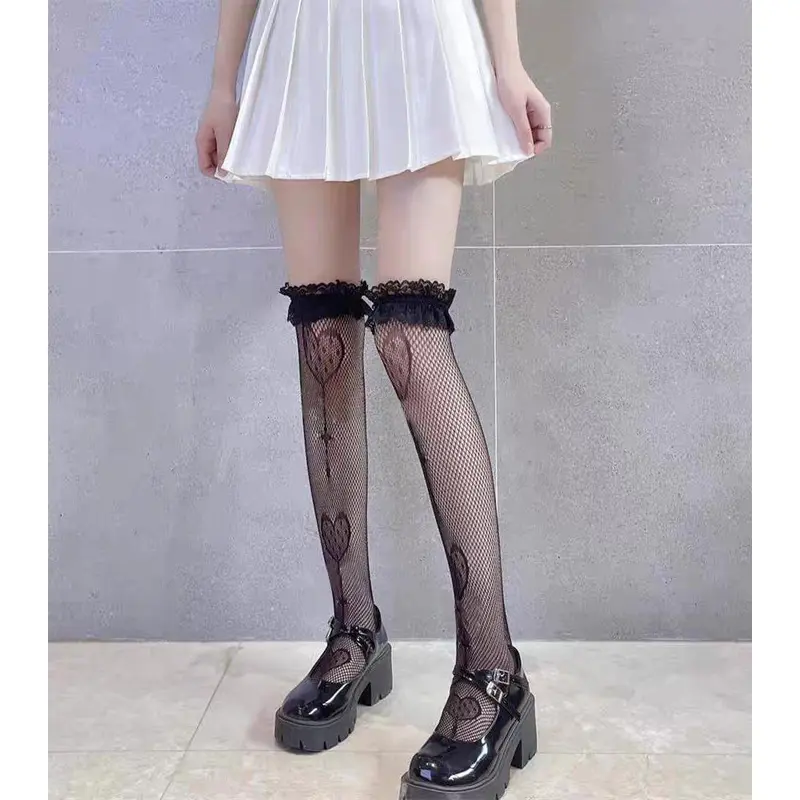 Vớ Bắp Chân, Phong Cách Nhật Bản, Trang Trí Ren, Vớ Lolita, Dành Cho Nữ, Giữa Bắp Chân, Thiết Kế Nơ Can Đeo Kẹo JK, Vớ Lưới Women Trắng 2