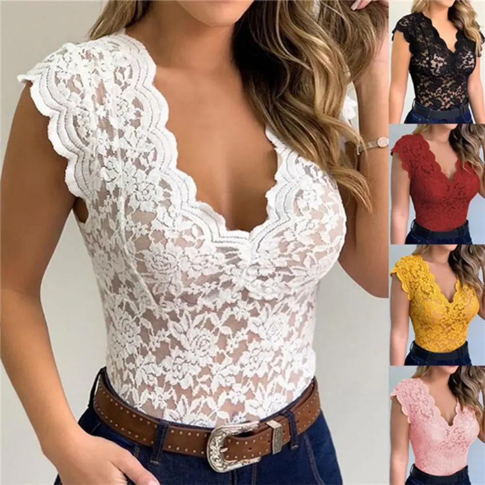 Summer Women's V-neck Hollow  Tight Top Solid Color Pullover Lace Shirt