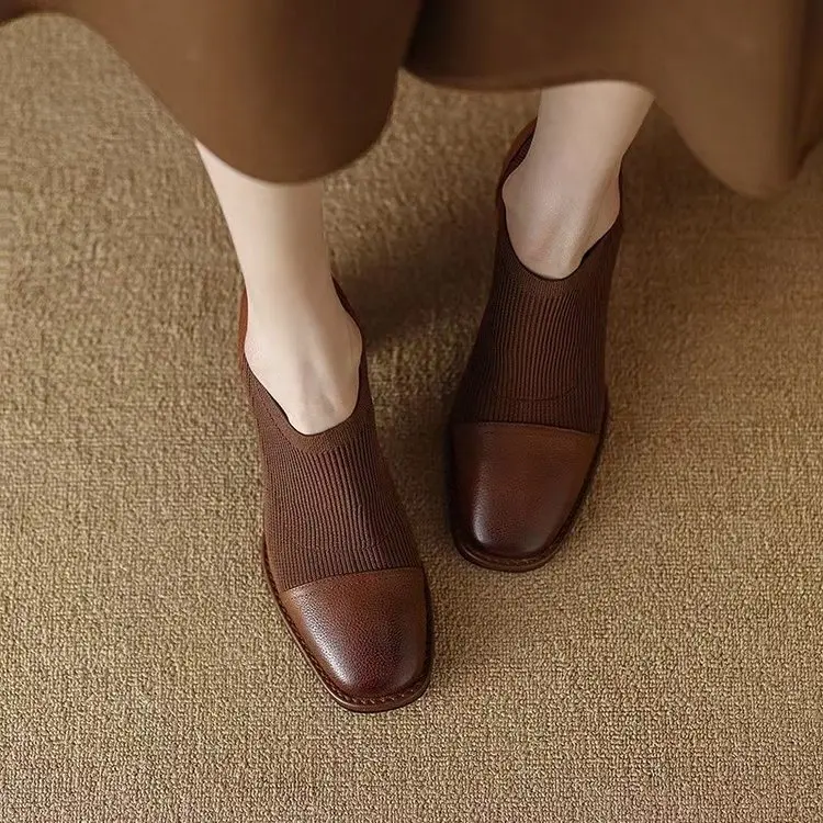 Giày Cao Gót Và Bốt Dưới Bằng Da Mềm Cho Nữ, Giày Cao Gót Mũi Vuông Retro Kiểu Pháp, Chunky, Cắt Sâu, Mới Hoa Shoes Đế Cao 2