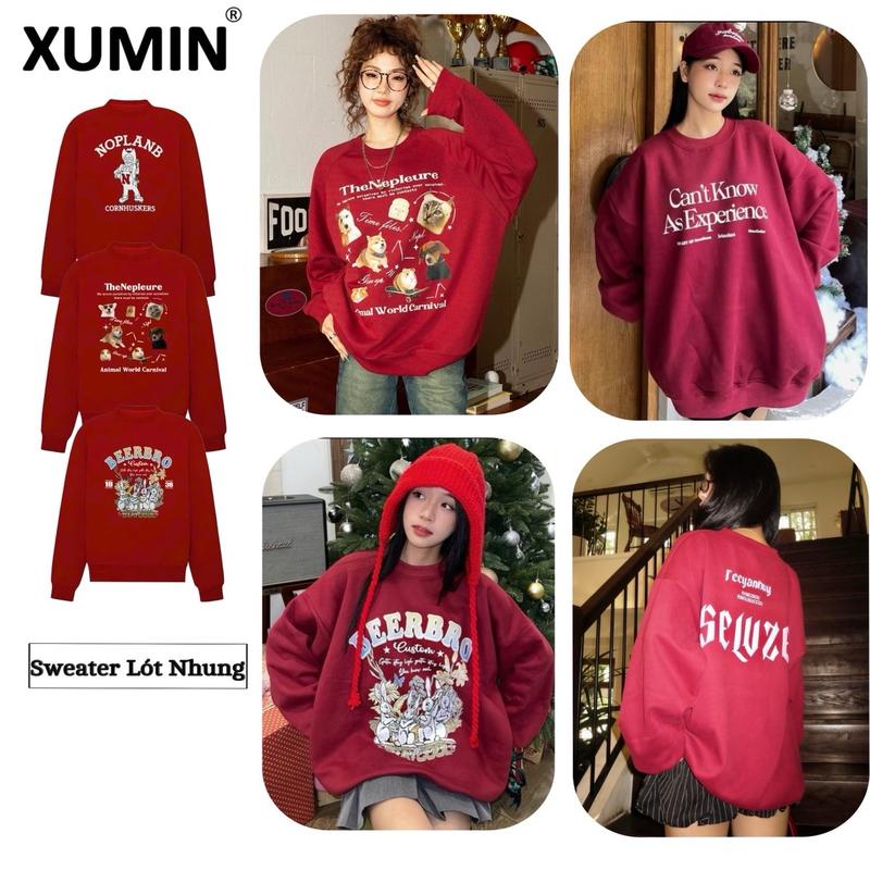 Áo Sweater Dài Tay Xu Min Min - Chất Nỉ Lót Nhung Màu Đỏ Đô Dáng Rộng Nam Nữ Unisex Nhiều Phân Loại