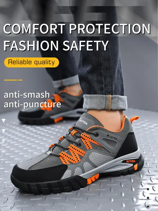 Men's Casual Colorblock Lace Up Low Top Safety Shoes, Breathable Lightweight Anti-spur Anti-crush Casual Safety Shoes, Work & Safety Footwear for Men 1