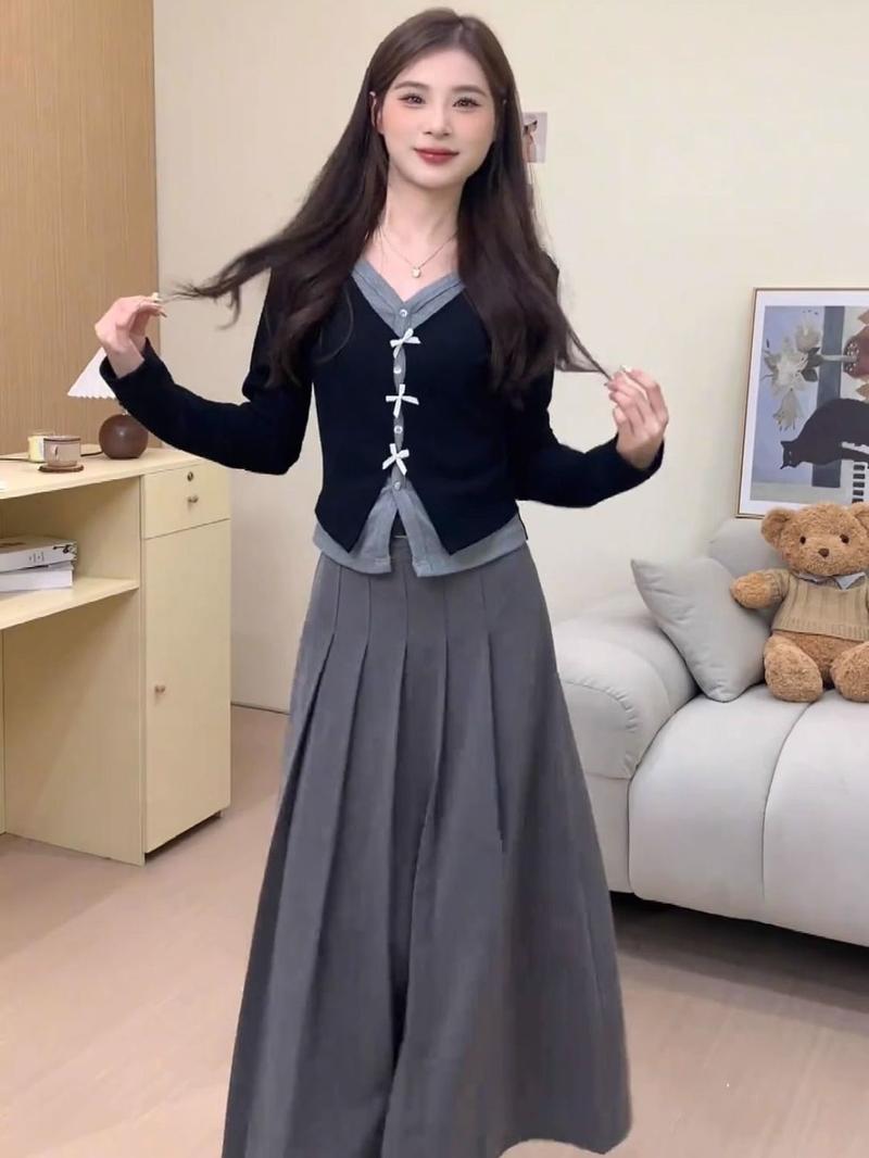 Product Introduction of Áo Thấp Eo Có Nơ, Hàng Mới Về Đầu Thu, Thanh Lịch, Hai Mảnh Giả, Màu Tương Phản, Dài Tay, Phong Cách Quý Cô 7