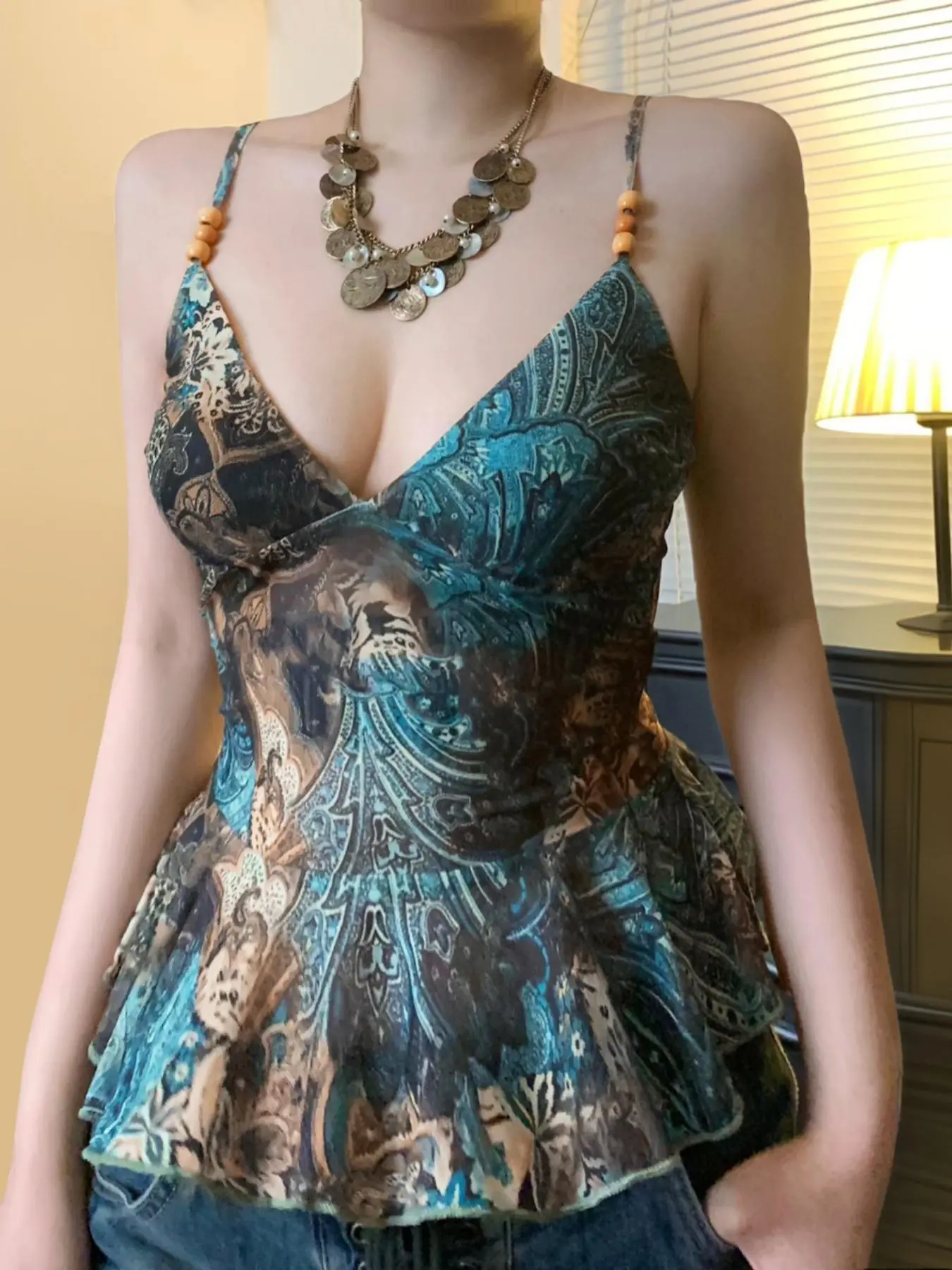 Women's Vintage Print Cami Top, Casual Spaghetti Strap Sleeveless Top for Summer, Ladies Clothes for Beach Holiday