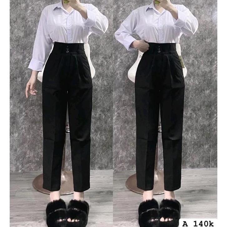 Quần tây nữ lưng cao đi học làm cạp bản to có đai đáy cao màu Đen dáng quần vải baggy học sinh cạp cao đi học công sở 0