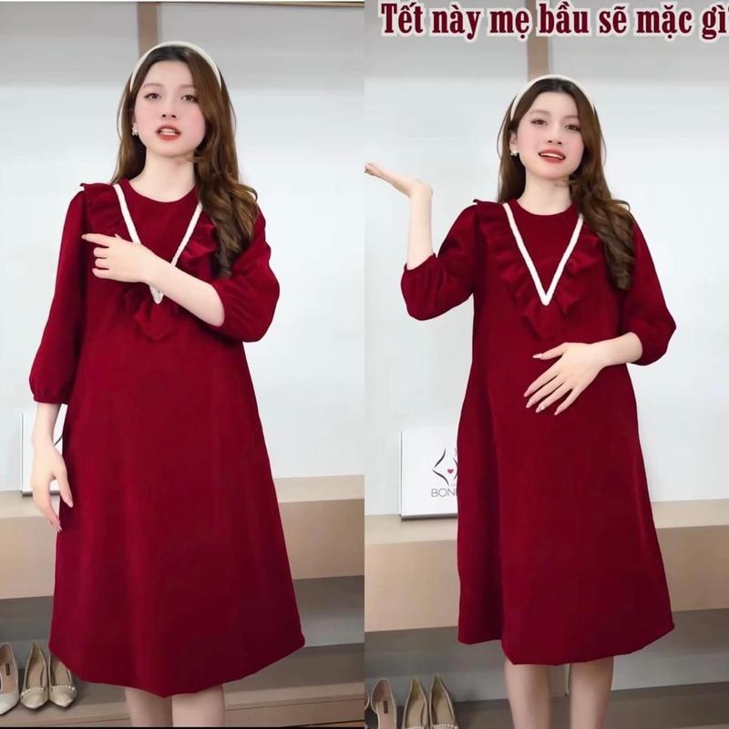 Váy Nhung Cổ Ngọc Đỏ Đô Mặc Bầu Và Sau Sinh Free Size 40-75kg Đầm Bầu Váy Bầu