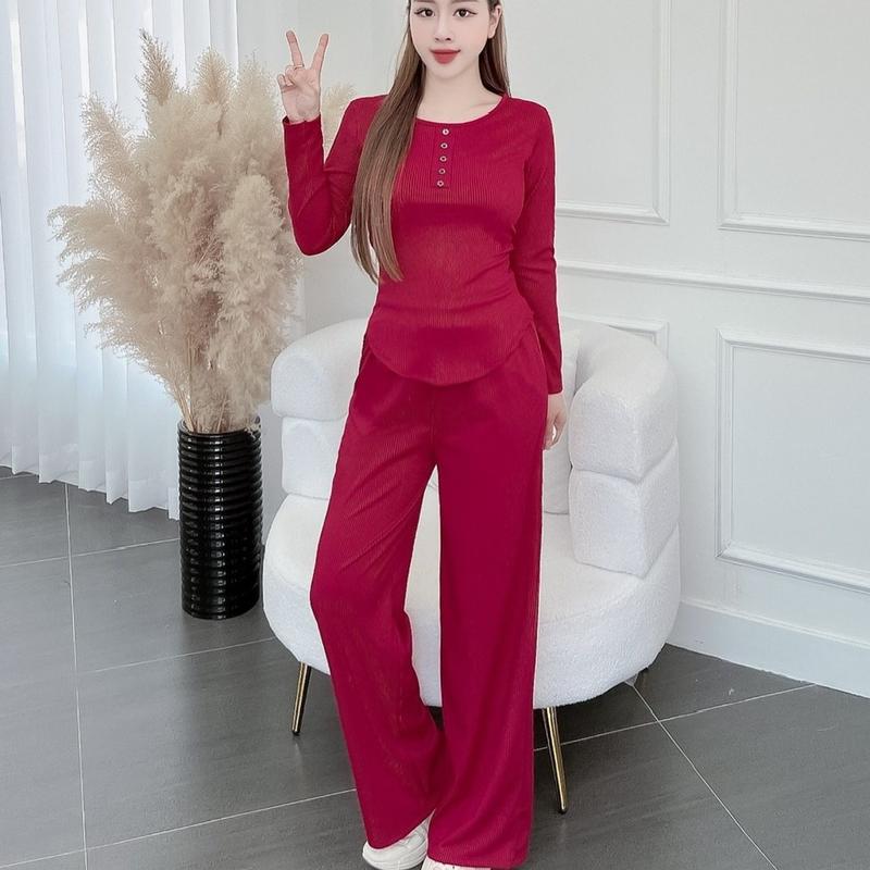 Set đồ bộ thun gân tăm lạnh dành cho nữ áo tay dài quần ống rộng Top Women Top Women Ong Nâu Cam