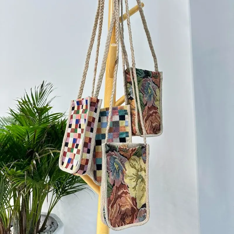 Túi vải đeo chéo đựng điện thoại kich thuoc 12cm x20cm/Túi vải handmade dây bện phối vải đay linen 3