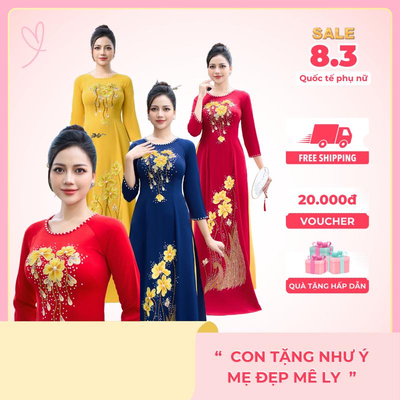 DIỄM SA - Áo Dài Lụa Mỹ 6 Màu, Kết Hoa Thêu Nổi 3D, Đính Đá, Vẽ Nhũ Thủ Công Cao Cấp - Áo Dài Nguyễn Lâm (S-4XL) - Tre Thun Dress Nữ Women Kem