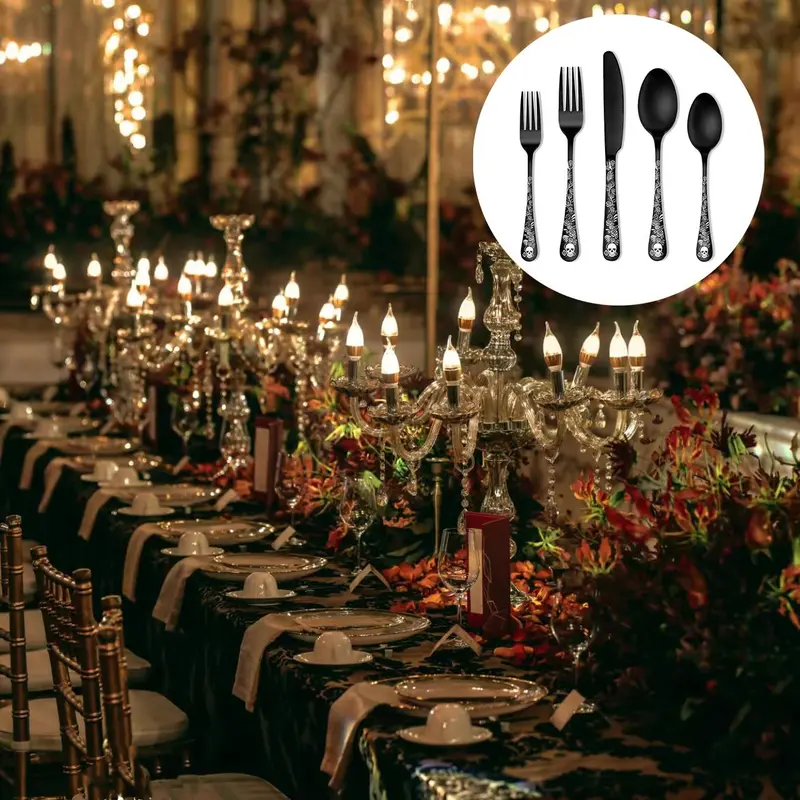 Gothic Style Flatware Set, 5/25pcs Skull & Rose Pattern Flatware Set, Stainless Steel Cutlery Set, Tableware Set for Home Kitchen 5