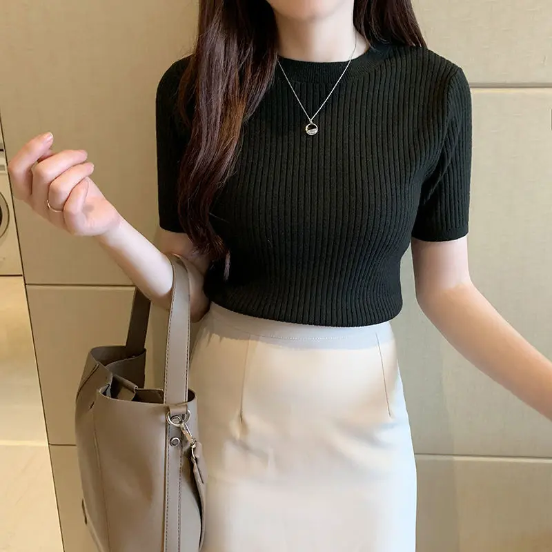 Áo Len Dáng Ôm, Áo Ngắn Tay, Hàng Mới Về Mùa Hè, Áo Chui Đầu Nữ, Có Thể Mặc Bên Trong, Ngắn, Cổ Tròn, Áo Lớp Nền, Ngày: 20242024
