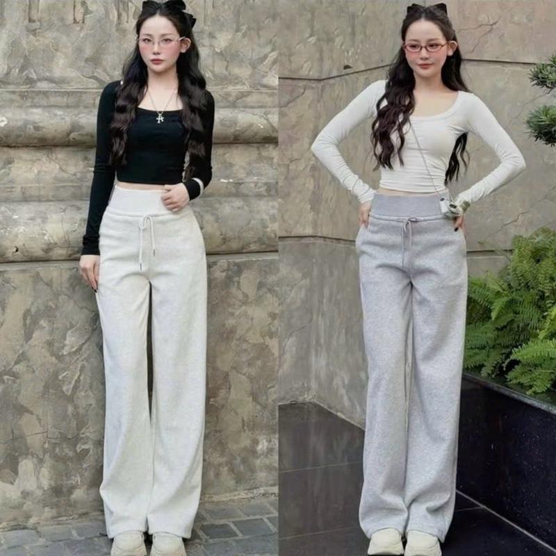  Quần Nỉ Ống Rộng Nữ Cạp Cao Bản Lưng To Vải Nỉ Ép 2 Da Dày Dặn Siêu Hot_379 