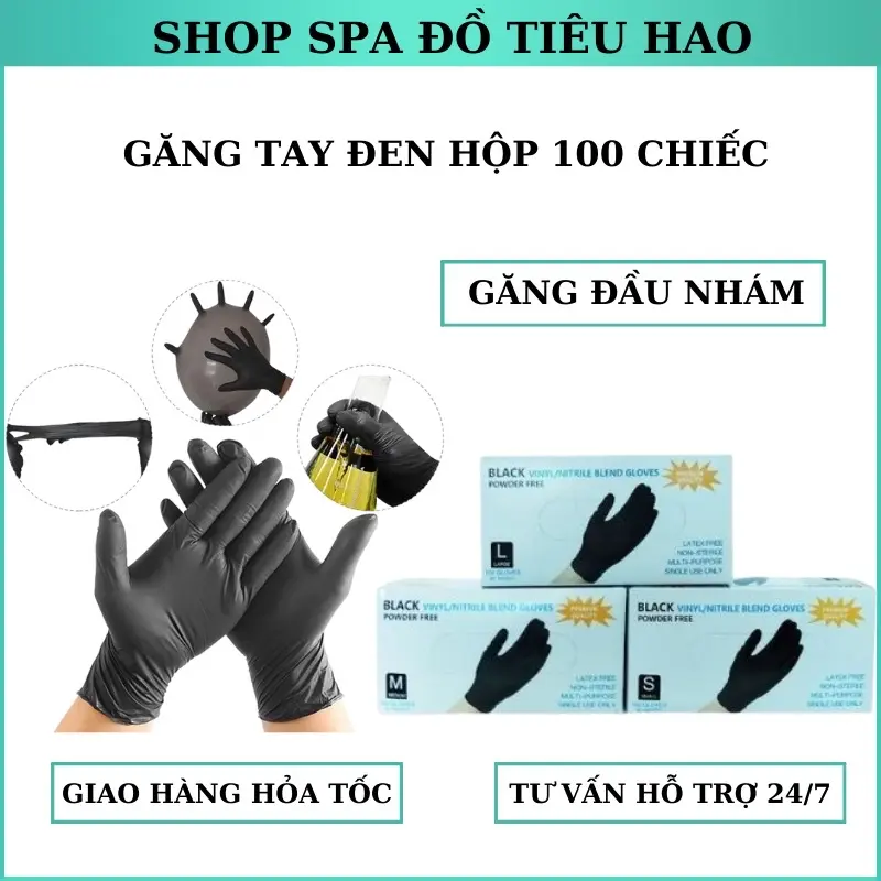 Găng Tay Đen Cao Su Không Bột Bao Tay Cao Su Không Bột Đen Nhám Làm Tóc Thẩm Mỹ Spa Phun Xăm Hàng Loại 1 (100 Chiếc)