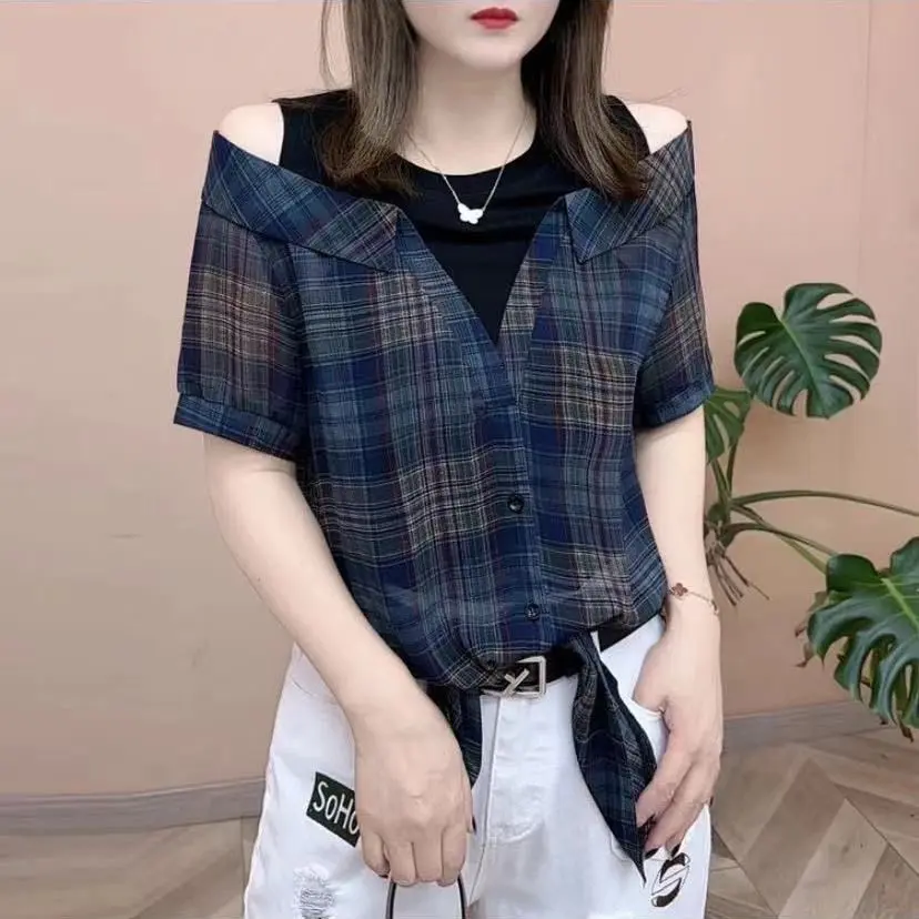 Áo Ngắn Tay Cho Nữ, Hàng Châu Âu, Thiết Kế Đẹp, Giả Hai Lớp, Trễ Vai, Phong Cách Cổ Điển Hàn Quốc Mới, Màu Tương Phản, Vừa Vặn, Áo Sơ Mi Ngắn Tay Áo Kẻ Sọc, Thích Hợp Cho Mùa Hè, Áo Nữ