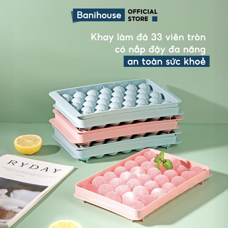COMBO Khay Làm Đá Tròn 33 Viên Banihouse Khuôn Làm Thạch Vỉ Đá Bi Tròn Có Nắp An Toàn Sức Khoẻ