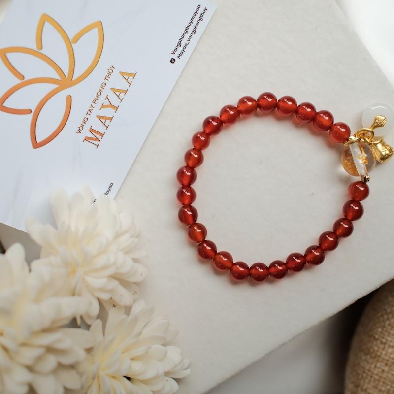 Vòng Tay Đá Đơn Mix Charm Đồng Điếu 6mm ( Đá Đỏ Đậm ) vòng  phong thủy 1