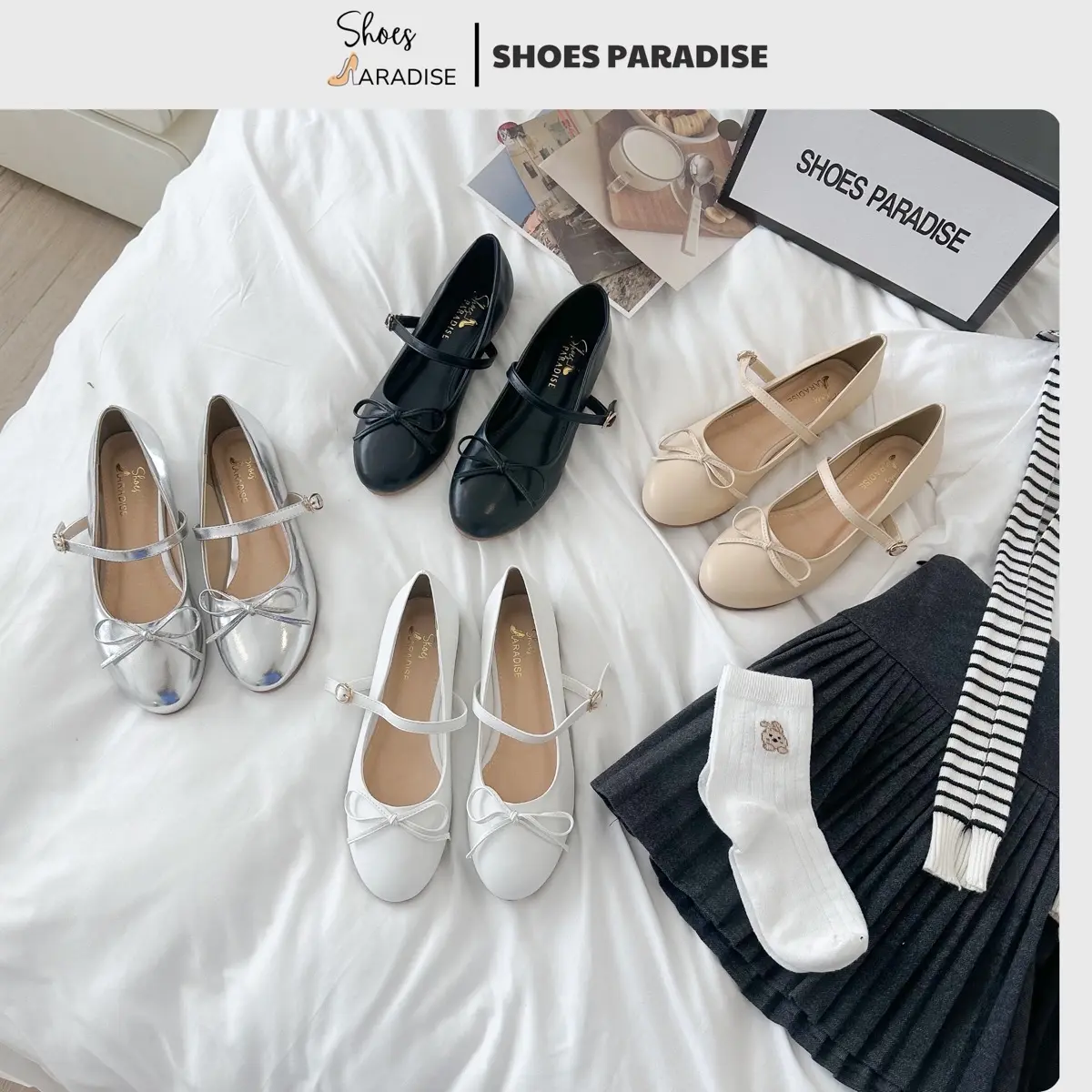 (Phom nhỏ lên 1,5 size) Giày búp bê nữ Shoes Paradise mũi tròn đế bệt nơ màu đen kem trắng bạc đi học đi chơi đẹp L097