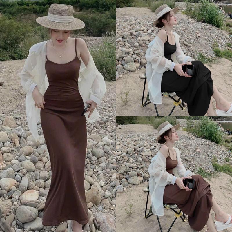 Đầm body nữ  2 dây dáng dài chất thun borip kèm áo khoác ngoài chất tơ tay dài xinh xắn dành cho các nàng đi chơi, đi biển. MeiHouseVN Women Kem Dress Màu Nâu