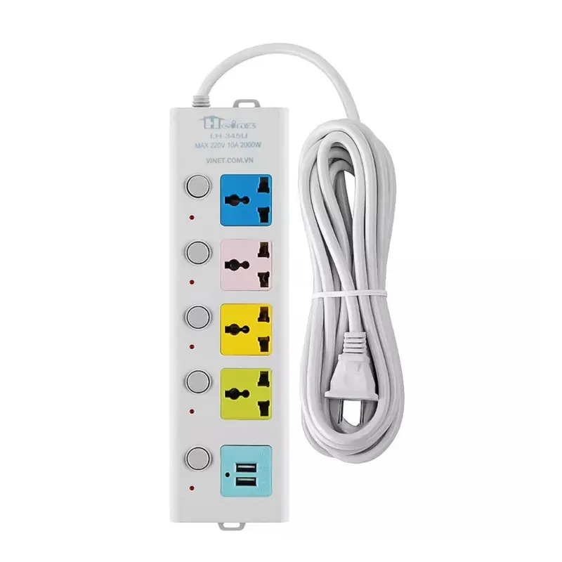 Ổ cắm điện đa năng thông minh kèm 2 cổng sạc USB đa năng và 4 lỗ cắm, Dây Cáp Dày Chất Lượng Cao 4
