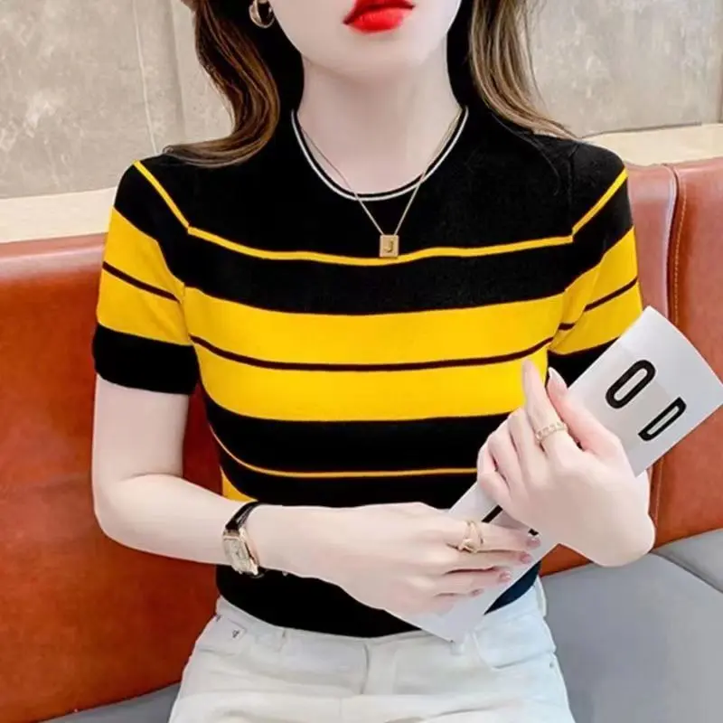 Áo Thun Dệt Kim, Cổ Tròn, ngắn Tay, Sọc Mỏng, Áo Co Giãn baby  tee  circle áo  thun  gân  tăm  cổ  vuông