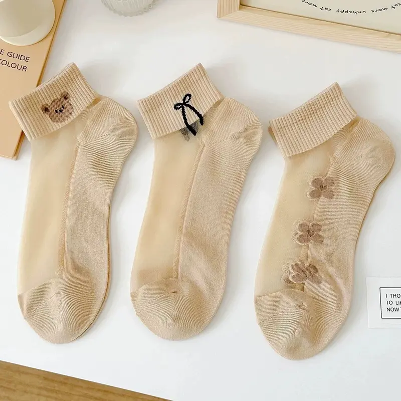 Tất Pha Lê, Màu Thịt, Tất Nữ, Tất Ống Ngắn, Phong Cách Mỏng Mùa Hè, Đáy Bông, Tất Gấu Bông Hoạt Hình, Tất Thuyền Dễ Phối Đồ 1
