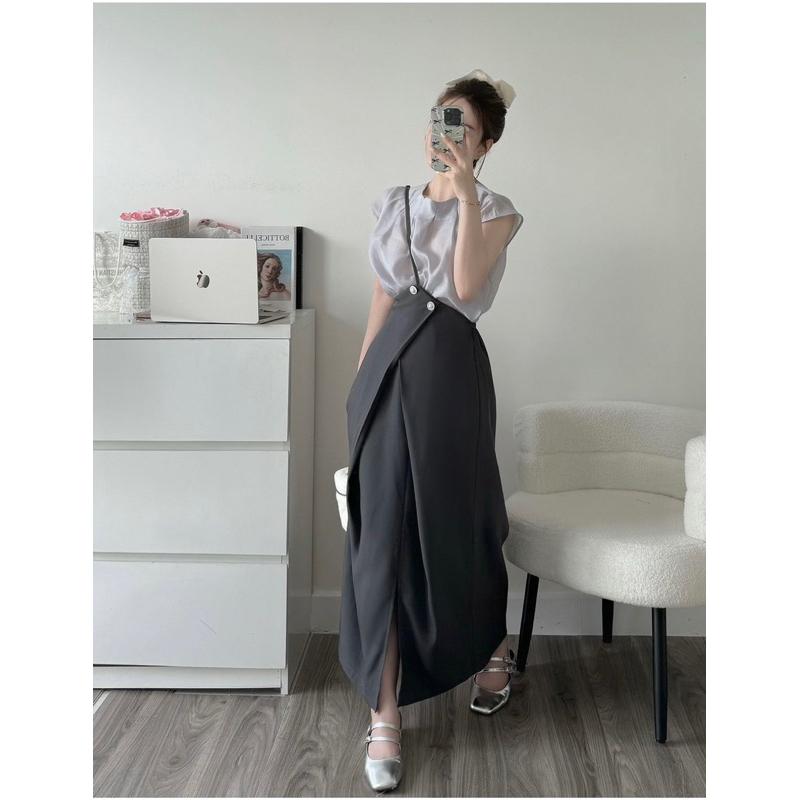 set 2 chi tiết áo tơ tay hến kèm chân váy dáng dài phong cách tiểu thư Nữ Women Kem Top 3