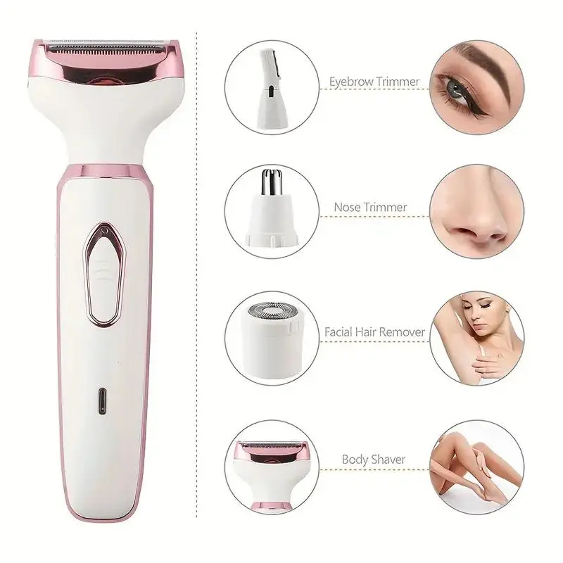 4 in 1 Electric Shaver, Rechargeable Women's Hair Trimmer Set, Wet and Dry Cordless Epilator for Eyebrows, Nose, Face, Legs, Underarms, Bikini, Facial, Shaving Products 6