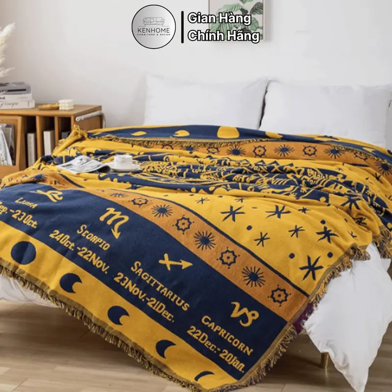 Khăn Trải Sofa Họa Tiết 2 Mặt, Thảm Trải Bàn Phối Ren Tua Rua, Thảm Picnic Phong Cách Bắc Âu Màu Sang Trọng, KENHOME 8
