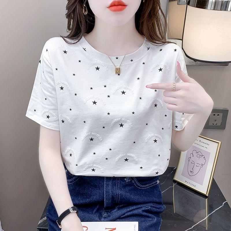 Áo Thun Trắng Cổ Điển Cho Nữ, Áo Ngắn Tay Cổ Tròn Mới, Thiết Kế Tối Giản In Họa Tiết, Quần Áo Mùa Hè Top Women 3