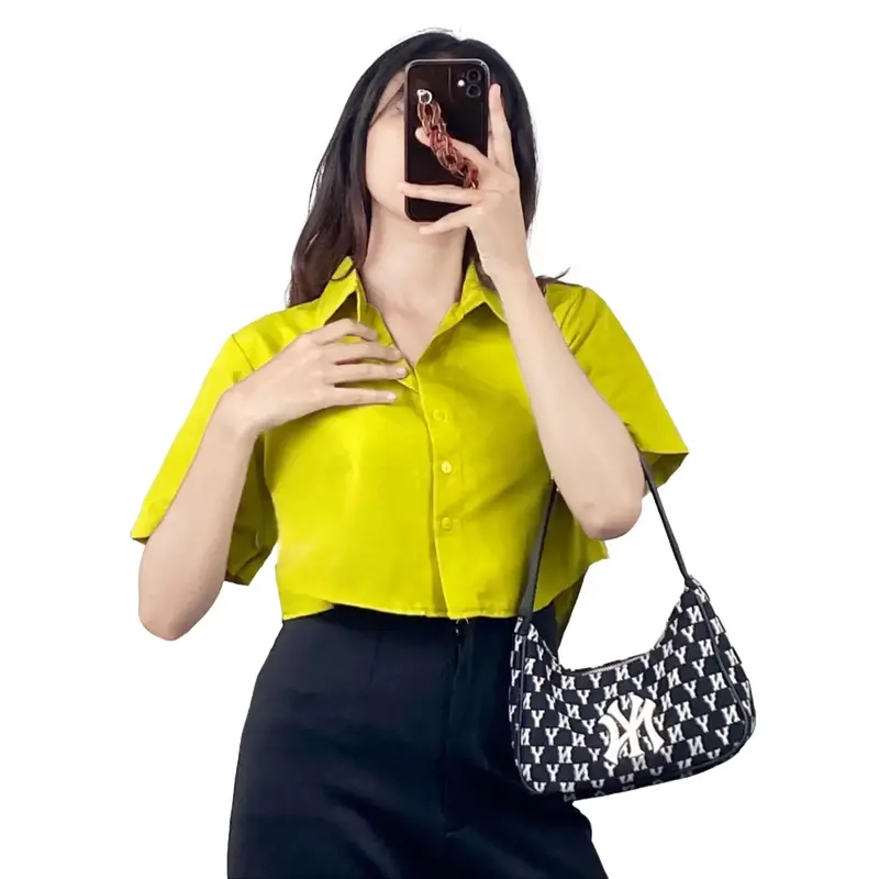 Kemeja Crop Wanita Lengan Pendek Korean Outfit Style Bahan Shakila Twill 3