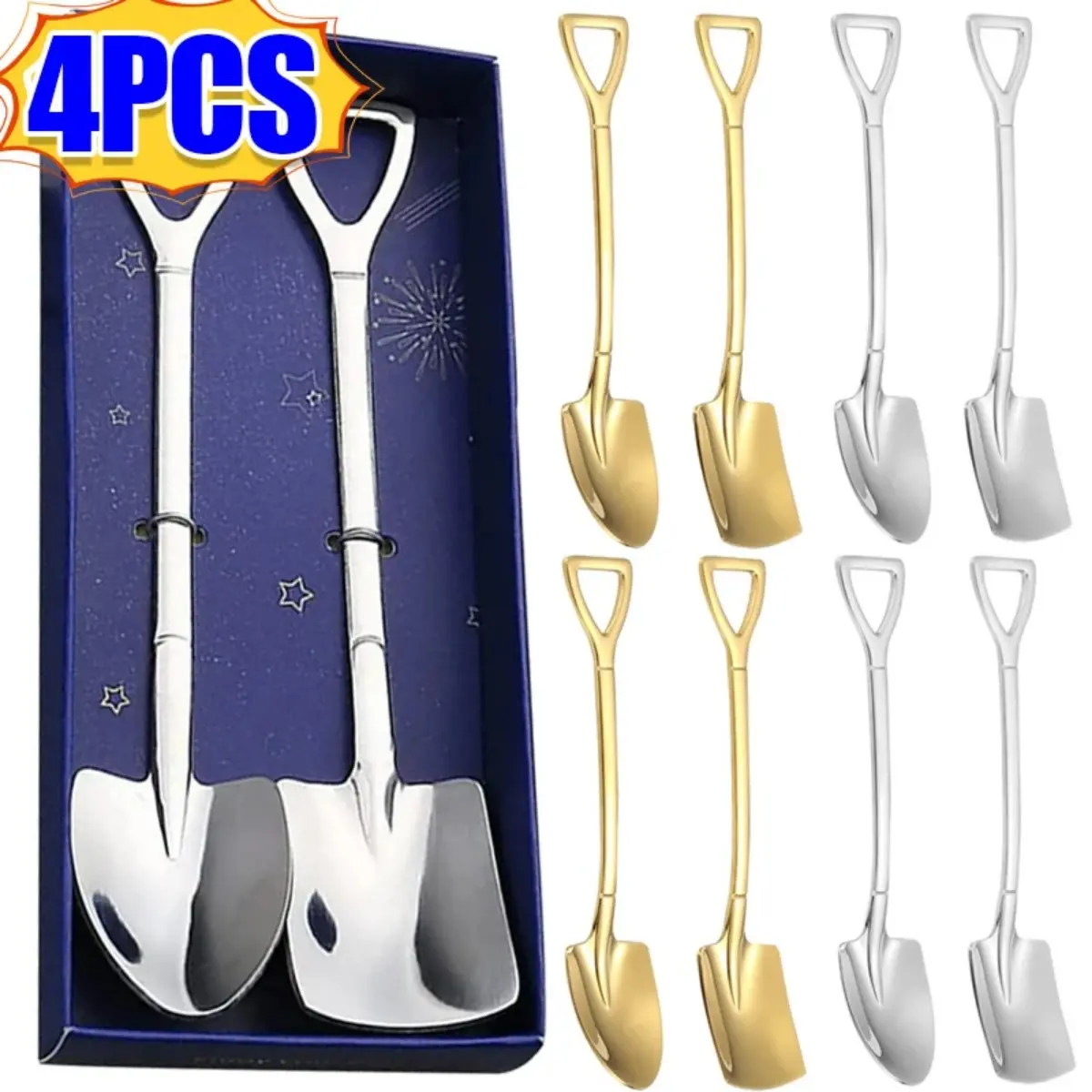 1/4Pcs Stainless Steel Shovel Shape Spoons Coffee Watermelon Scoops Ice Cream Dessert Pointed Tea Spoons Kitchen Tableware