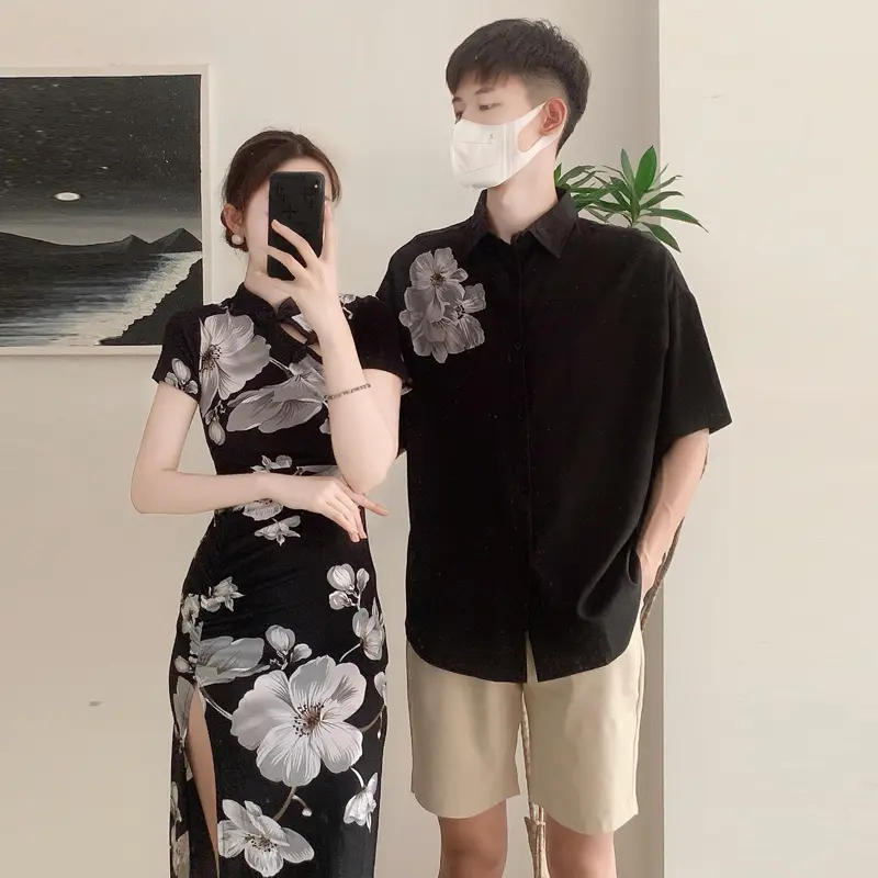 Trang Phục Cặp Đôi, Phong Cách Trung Quốc Cổ Điển Sườn Xám In Hình, Thiết Kế Xẻ Cao Hông, Eo Xếp Ly Ôm Sát