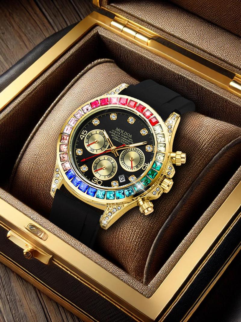 Product Introduction of Men's Business Fashion Rhinestone Decorated Analog Quartz Watch, Fashion Watch for Party, Daily Clothing Decor, Trendy All-match & Exquisite Watch Jewel for Birthday Gift with Box 0