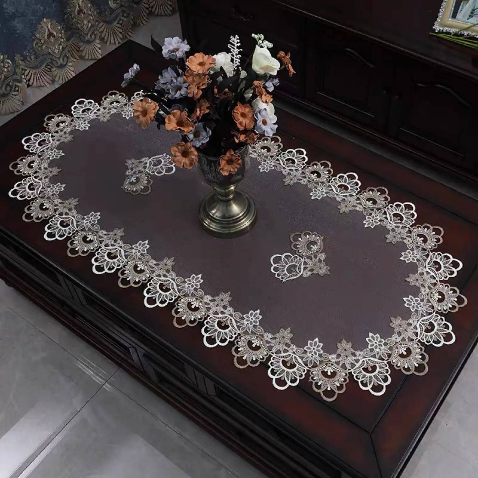 American Style, Coffee Table Mat, Oval Shape, Lace Trim, Transparent, Mesh Fabric, Fashionable and Simple, Home Living Room Dining Table Mat table  cloth